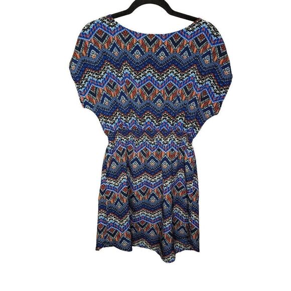 One Clothing Mini Dress Printed with Blue and Purple Tones with Striped Round Ne - Picture 2 of 6